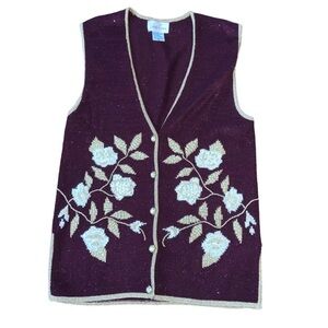Vintage Jaclyn Smith Burgundy Red and Gold Christmas Sweater Vest Sz Medium